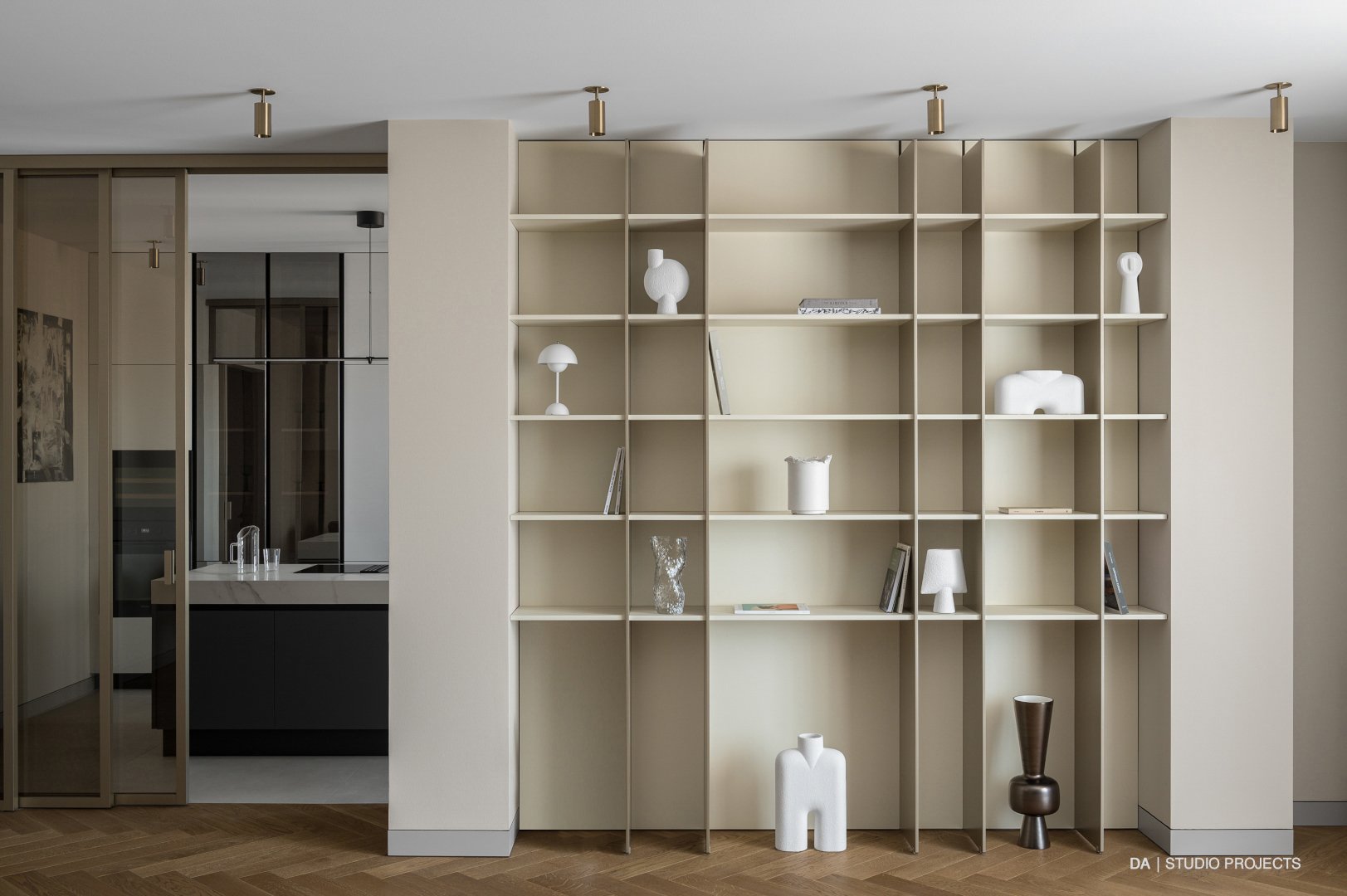 Open shelving wall in the living room