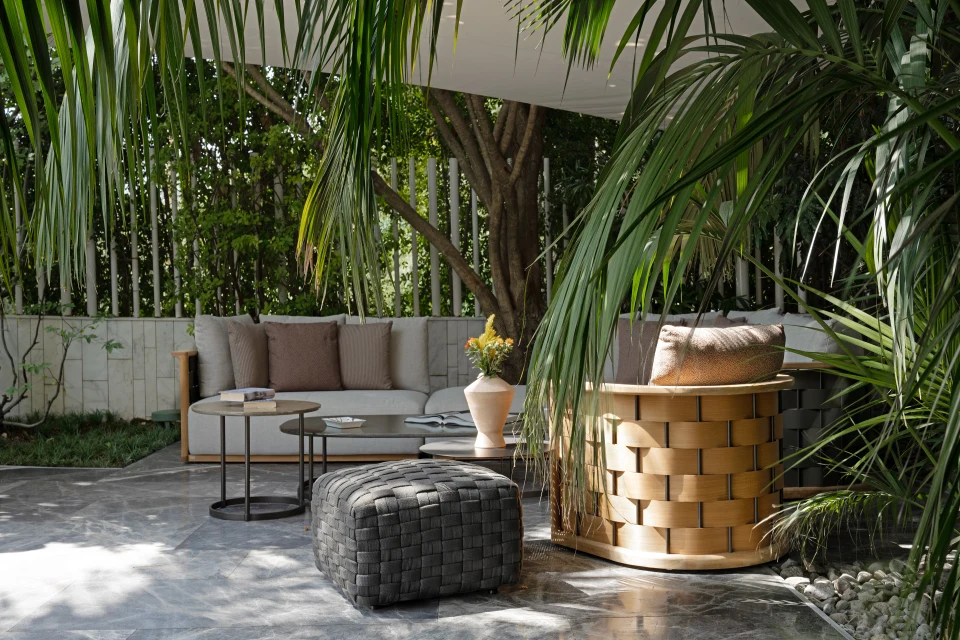 The shaded terrace, beneath palms