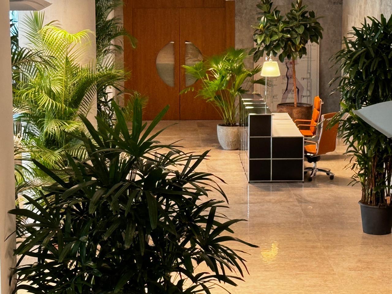 Reception desk with orange chairs and wooden doors, among plants