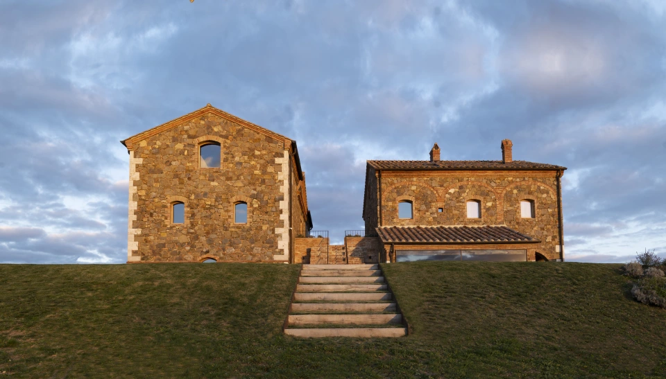 The two joined bodies of the house at dusk