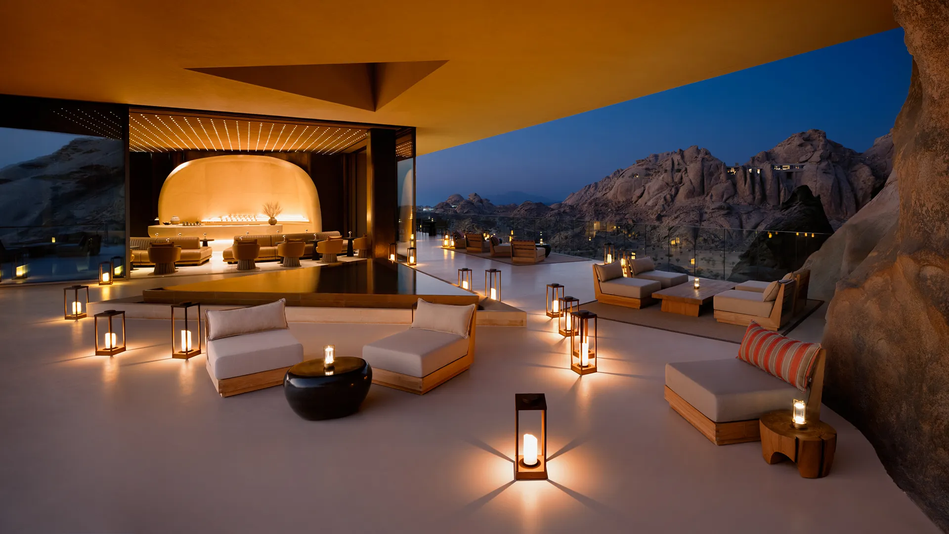 The lounge terrace, at dusk