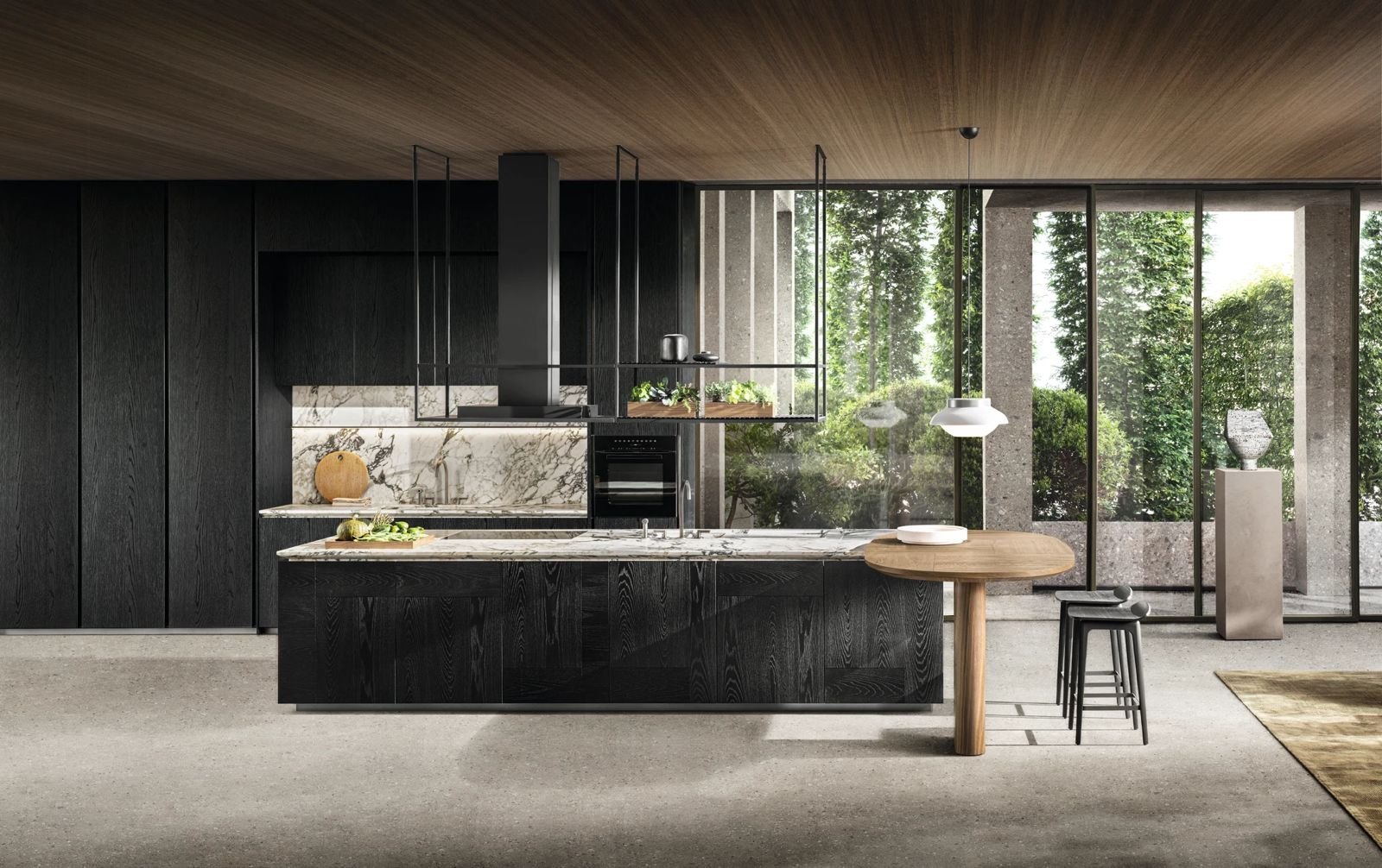 Dark kitchen with marble backsplash and garden view — Design Avenue showroom
