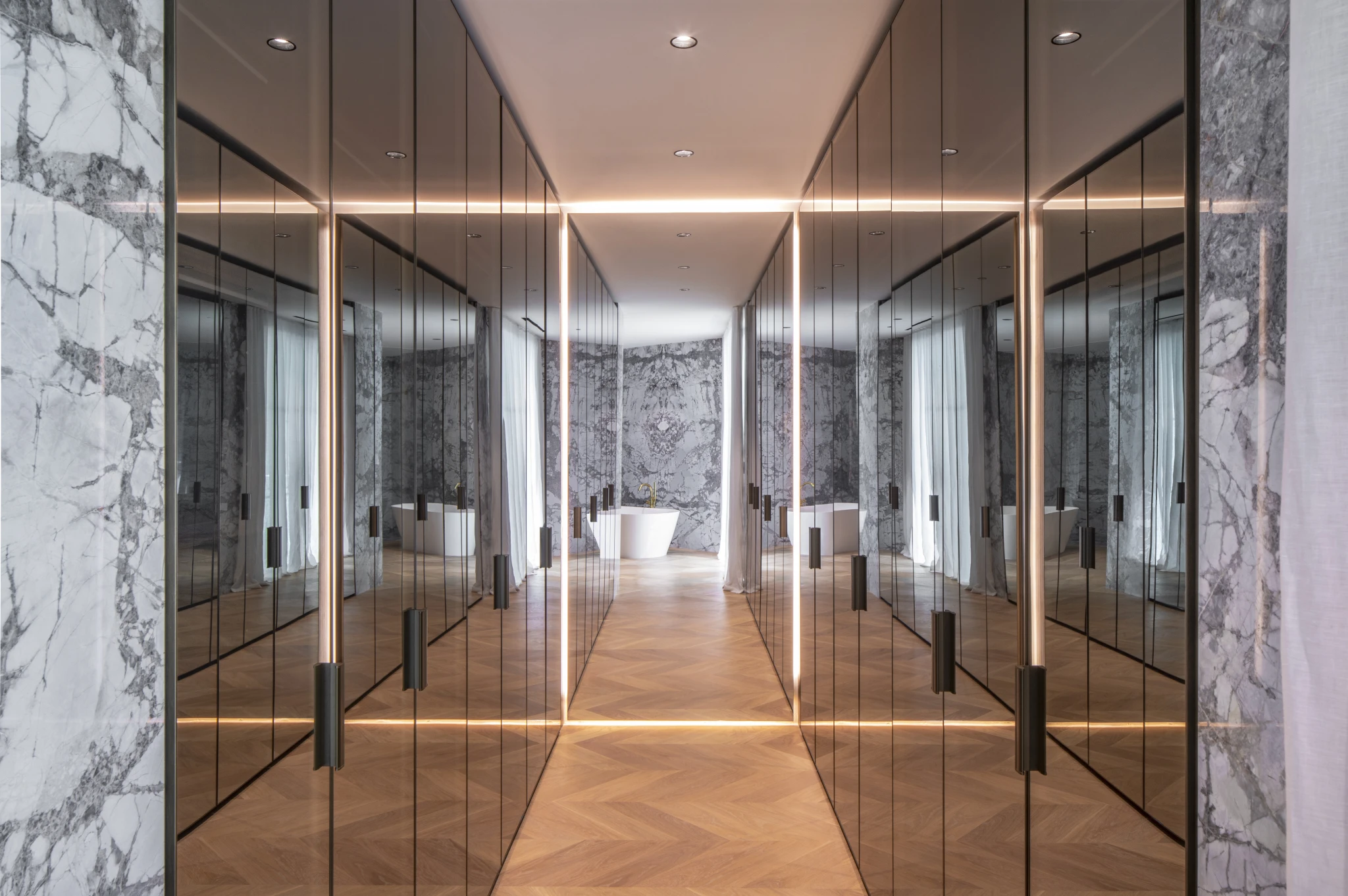 The dressing room, opening to the master bathroom