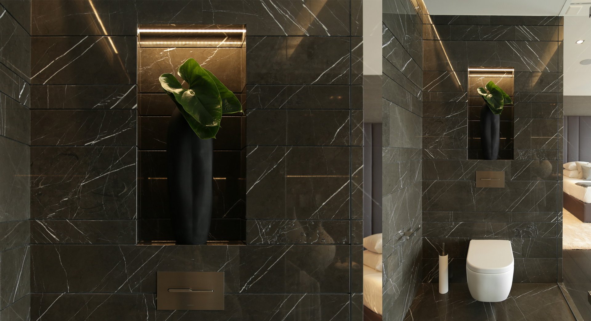 The guest bathroom, in dark marble