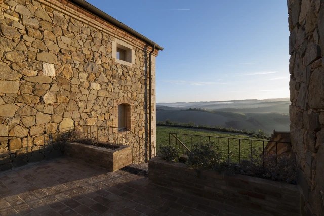 The terrace at dawn, looking over the valley