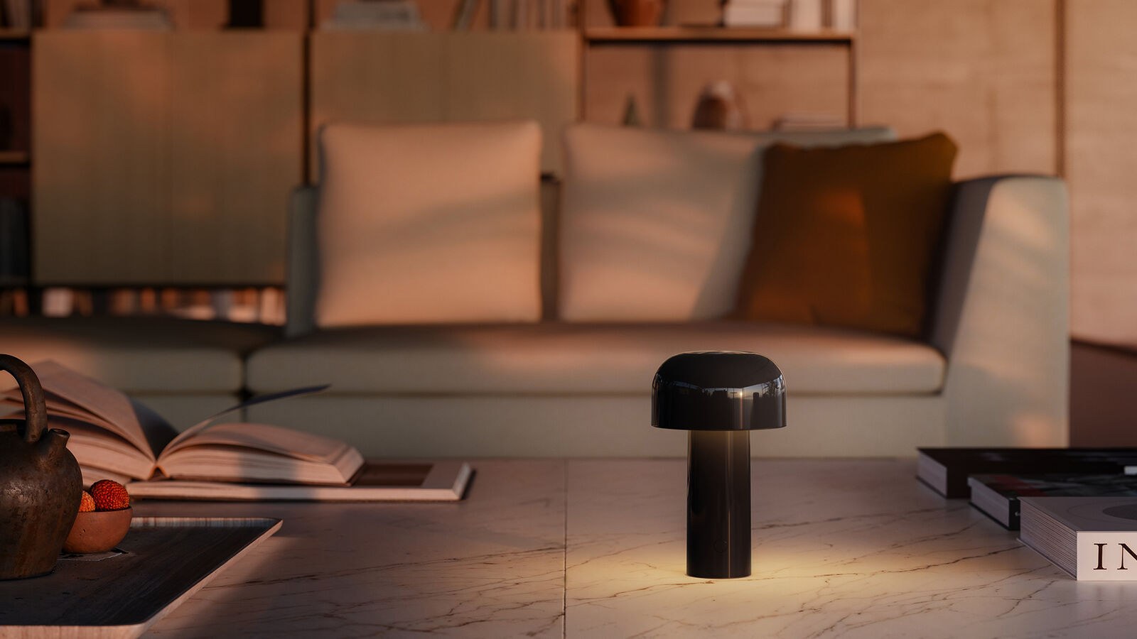 Portable lamp on a low table in a living room