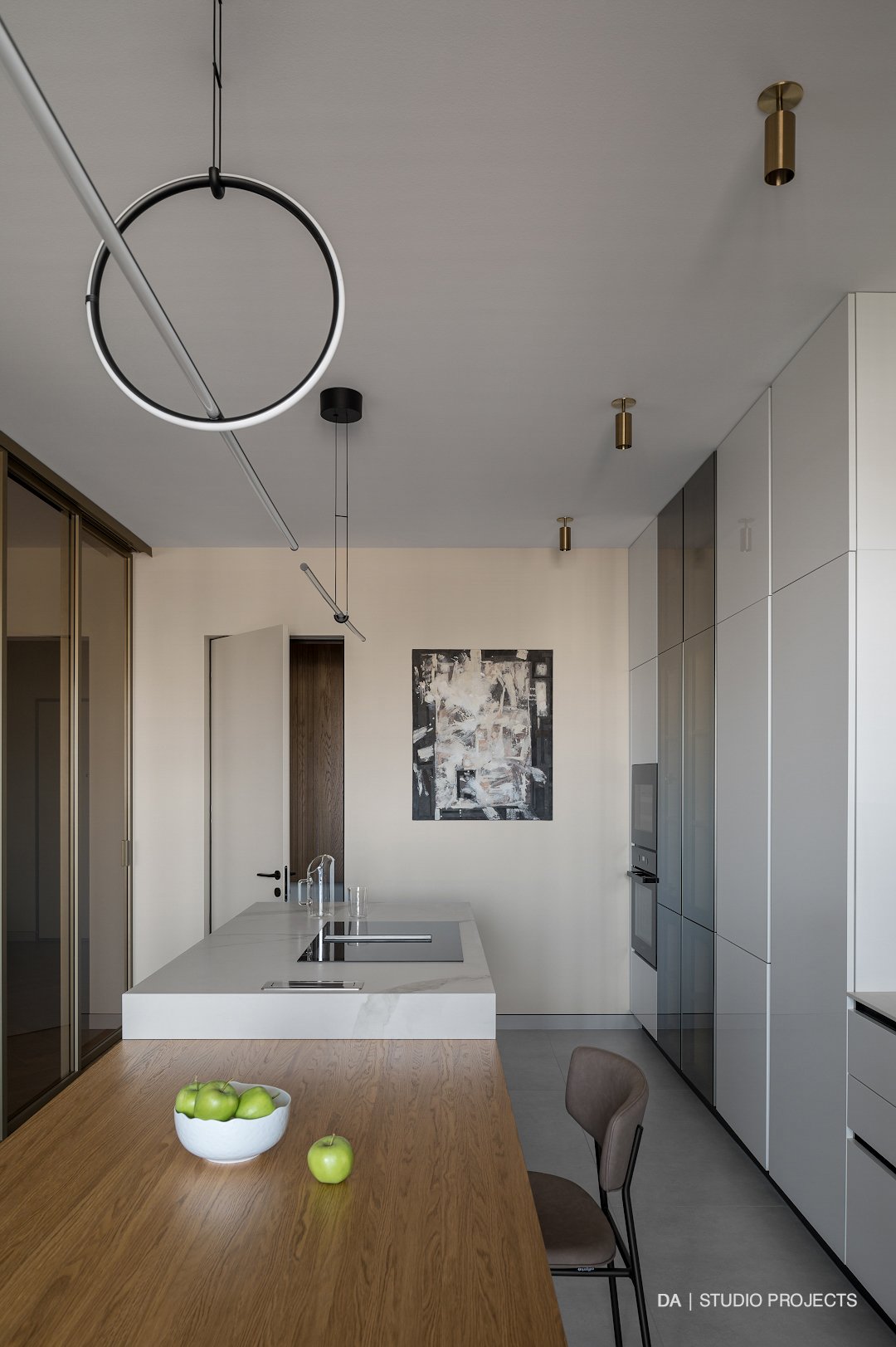 Dining table with a view into the kitchen