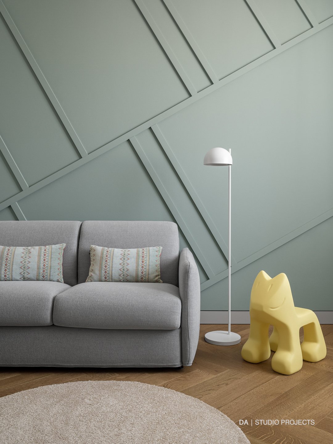 Sofa against a panelled wall