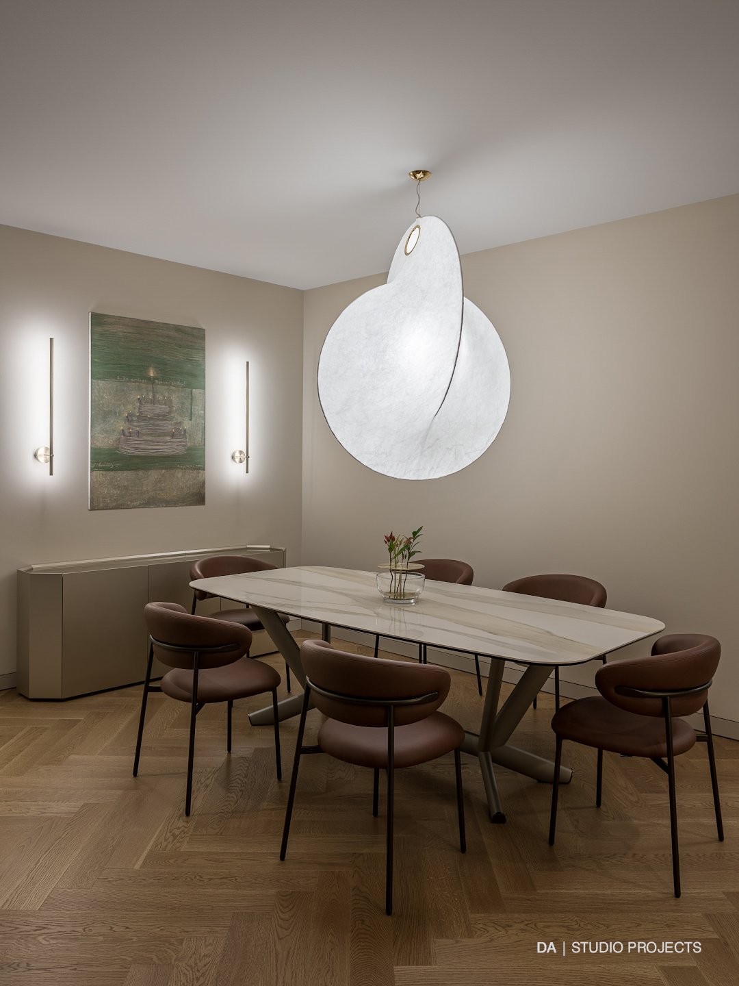 Dining table with a sculptural pendant
