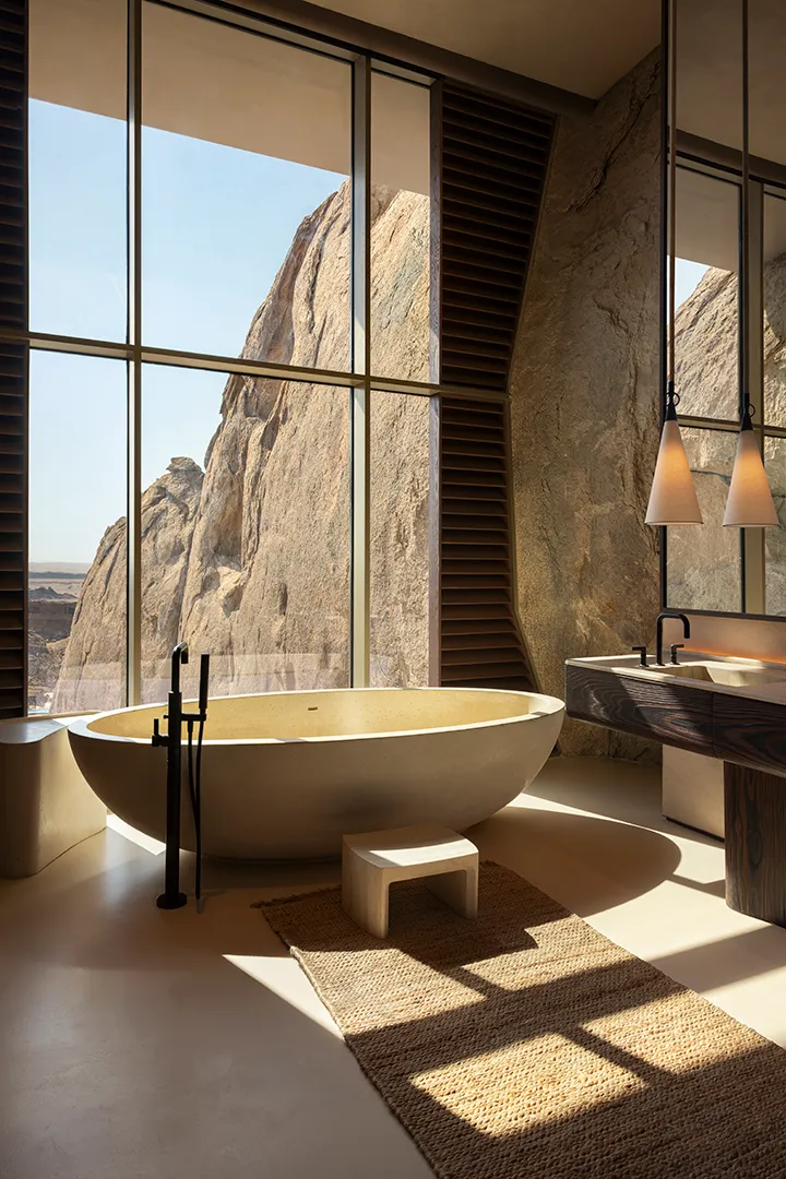 A bathroom, looking out to the rock