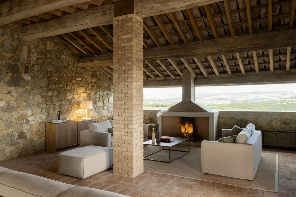 The fireplace, set into the loggia