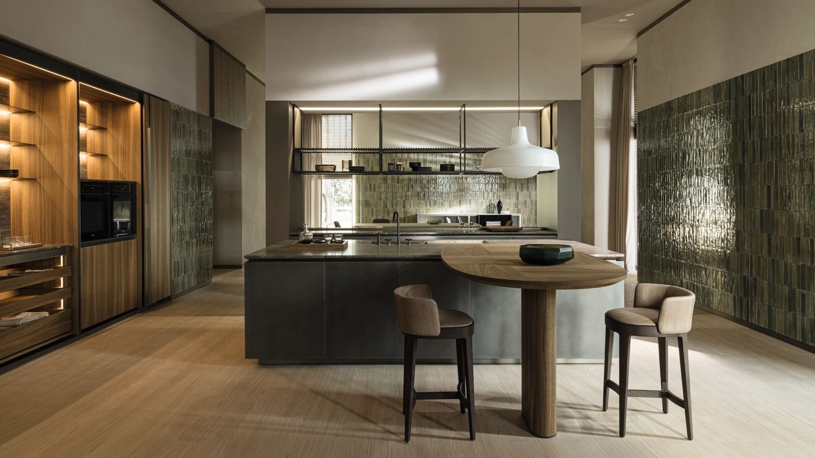 Island kitchen with a glazed tile wall — Design Avenue showroom